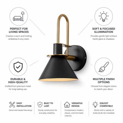 Wall Lamp Conical Metal Shade Curved Gold Arm
