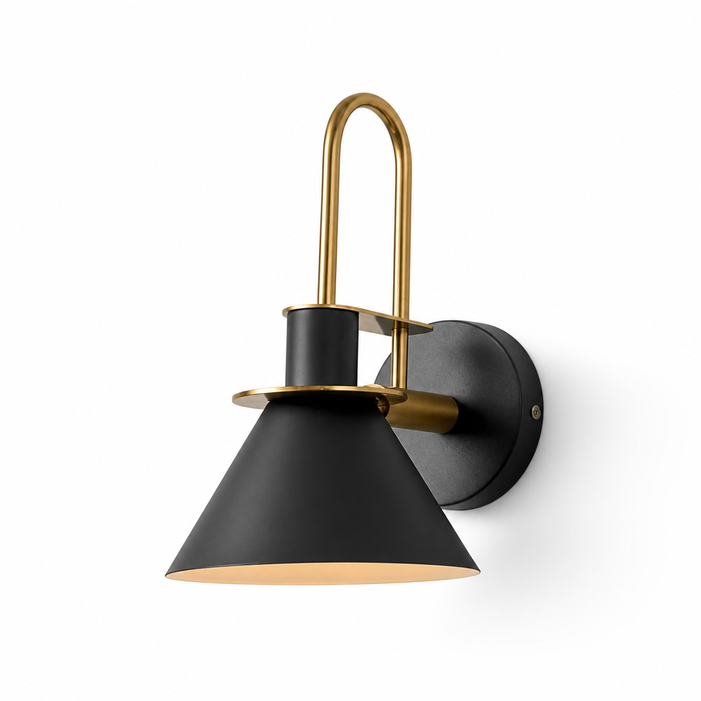Wall Lamp Conical Metal Shade Curved Gold Arm