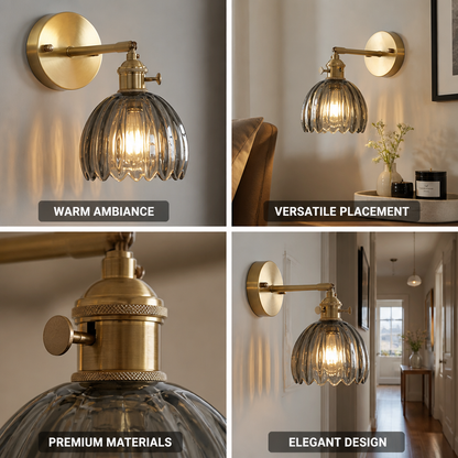 Wall Lamp Sculpted Glass Shade & Brass Fitting