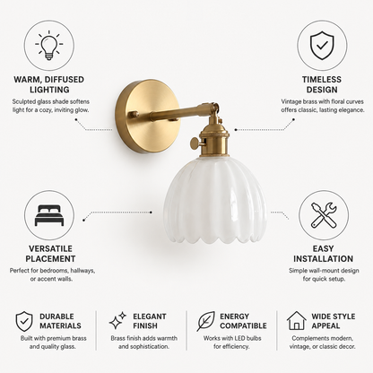 Wall Lamp Sculpted Glass Shade & Brass Fitting