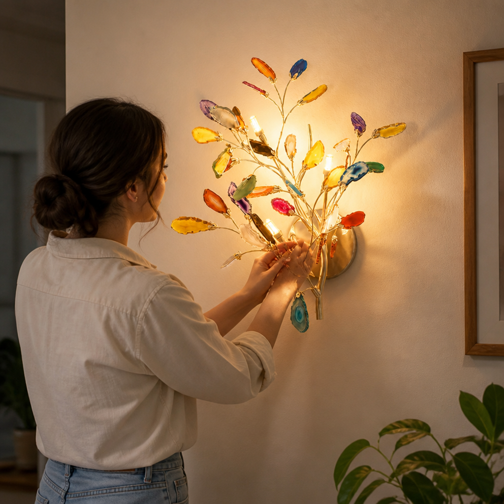 Wall Light Natural Agate Metal Frame Hardwired