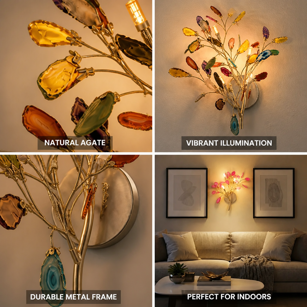 Wall Light Natural Agate Metal Frame Hardwired