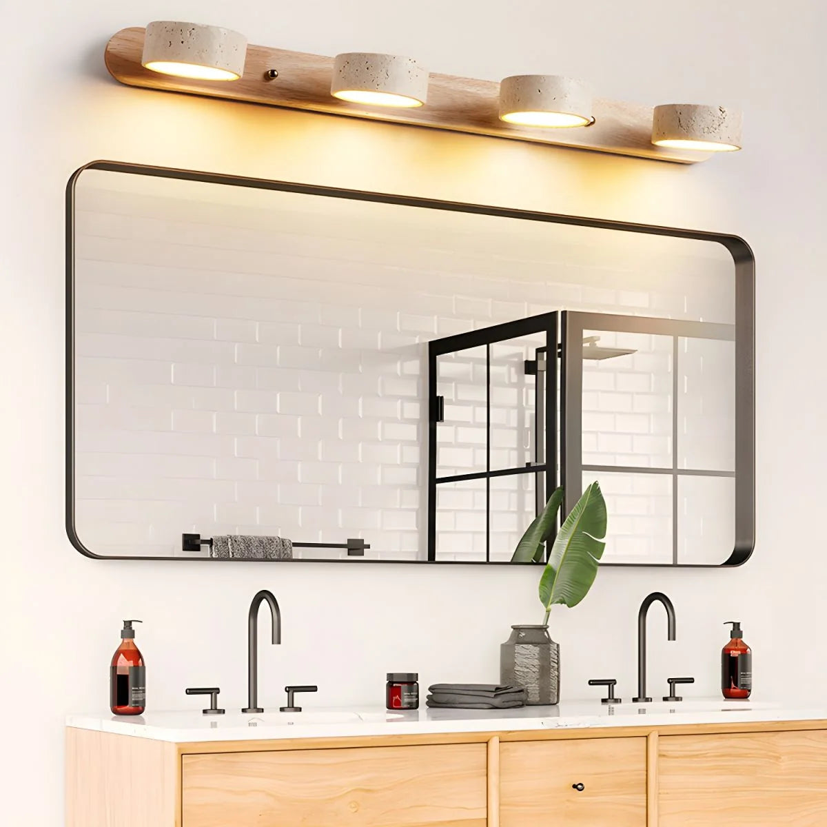Wall Light Natural Travertine & Wood Integrated LED
