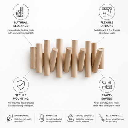 Wall-Mounted Coat Rack Handmade Cylindrical Hooks Space-Saving