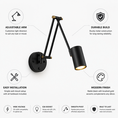 Wall Sconce Adjustable Arm Matte Black & Brushed Gold