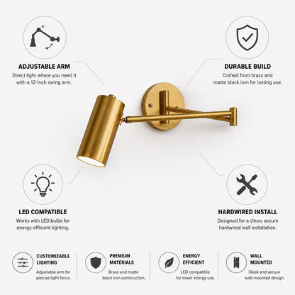 Wall Sconce Industrial Adjustable Swing Arm Brass Finish