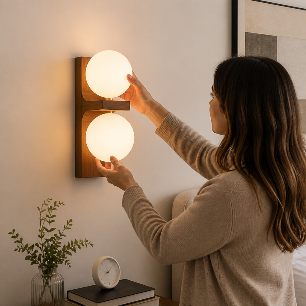 Wall Sconce Walnut Wood Glass Shade Hardwired