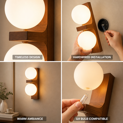 Wall Sconce Walnut Wood Glass Shade Hardwired