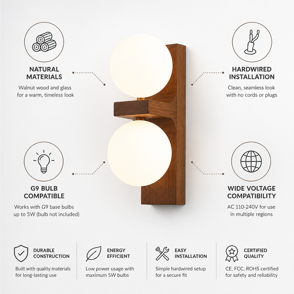 Wall Sconce Walnut Wood Glass Shade Hardwired