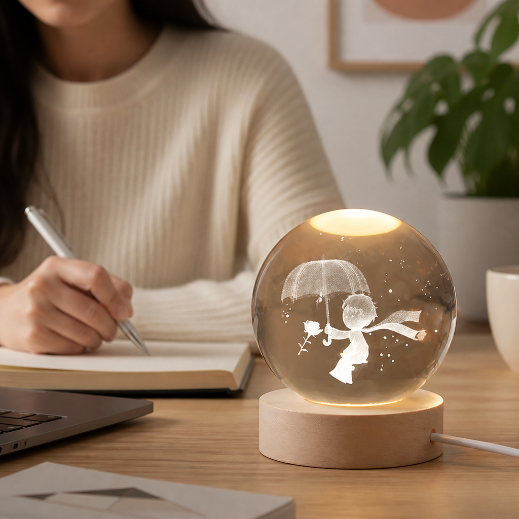 Warm White 3D Engraved Crystal Table Lamp (USB Powered)