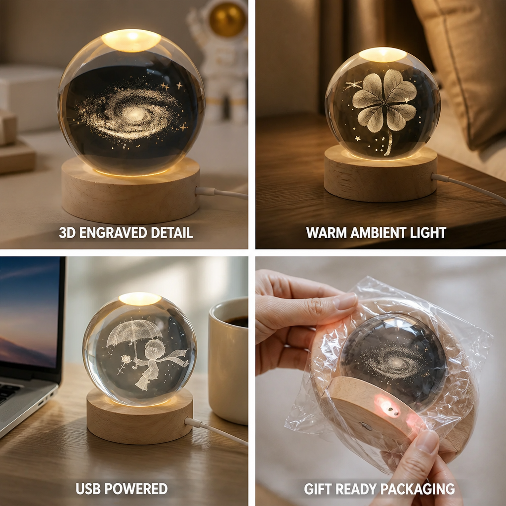 Warm White 3D Engraved Crystal Table Lamp (USB Powered)