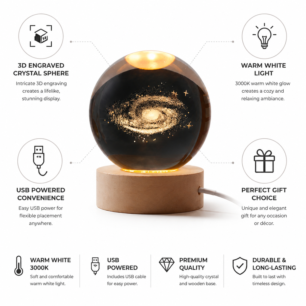 Warm White 3D Engraved Crystal Table Lamp (USB Powered)