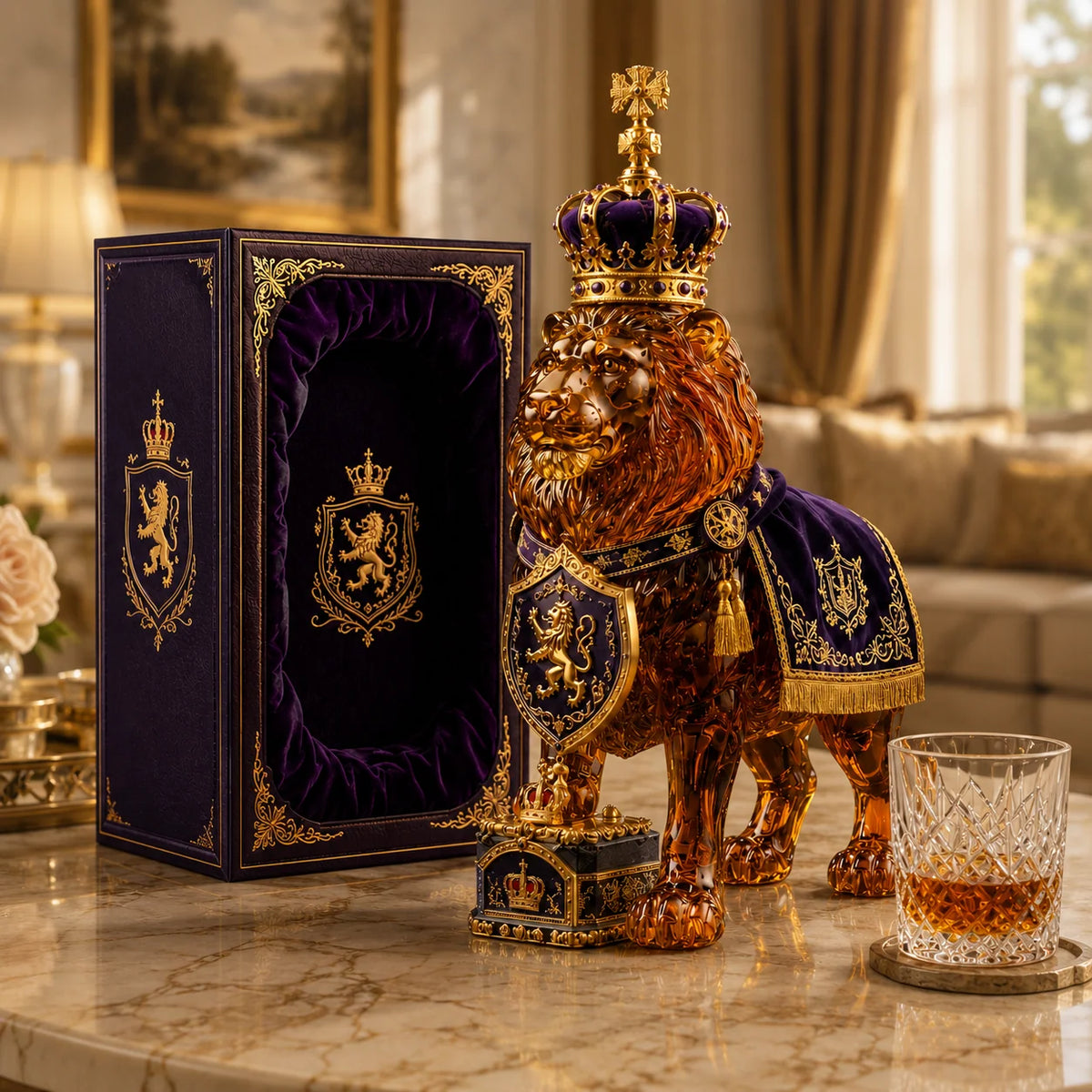 Whiskey Decanter Sculpted Lion Thick Glass 350ml