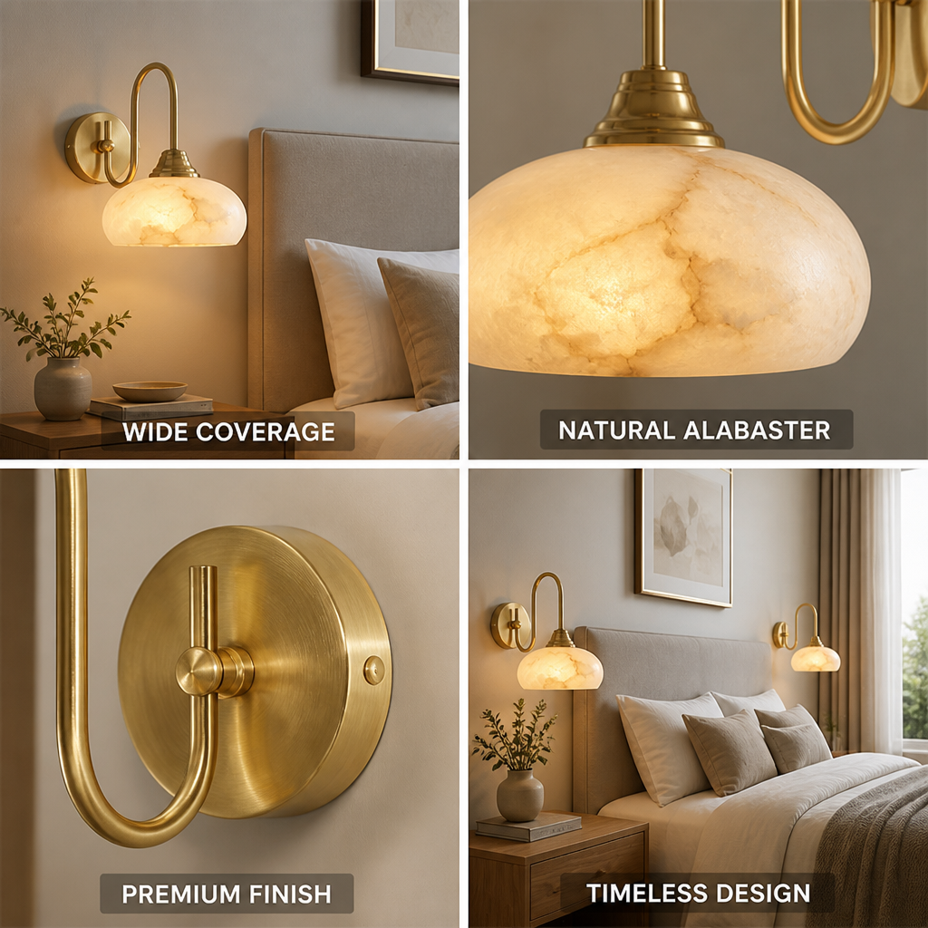Wide Hand-Cut Alabaster Wall Sconce (Hardwired)