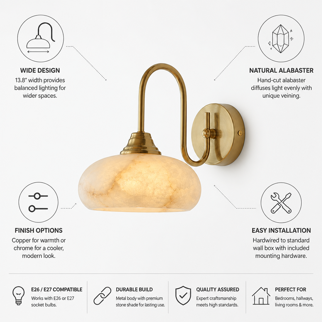 Wide Hand-Cut Alabaster Wall Sconce (Hardwired)