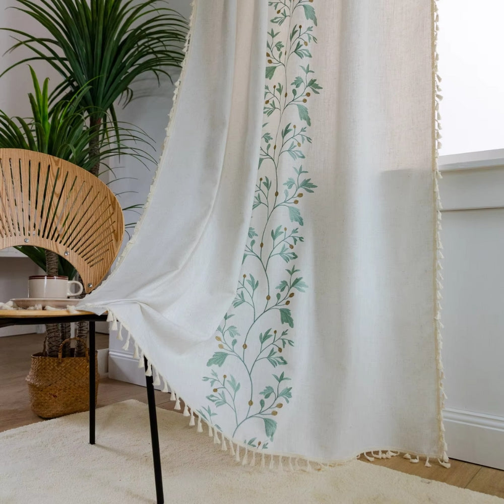Window Curtain Boho Floral Tassel Cotton Linen Blend