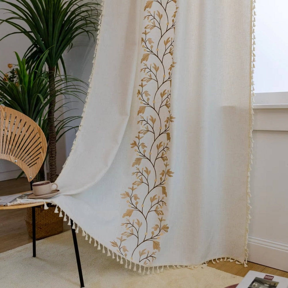 Window Curtain Boho Floral Tassel Cotton Linen Blend