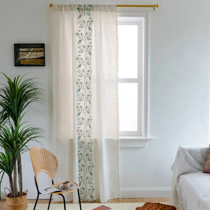 Window Curtain Boho Floral Tassel Cotton Linen Blend