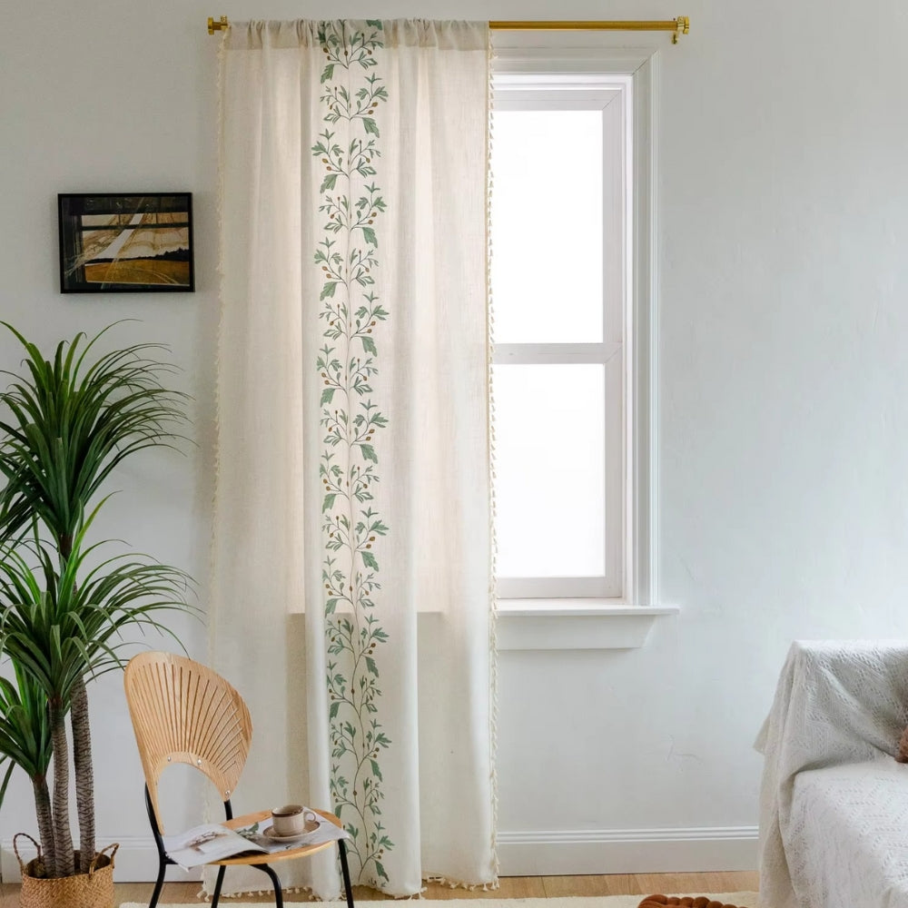 Window Curtain Boho Floral Tassel Cotton Linen Blend