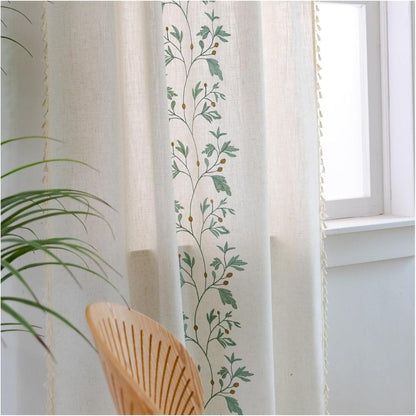 Window Curtain Boho Floral Tassel Cotton Linen Blend