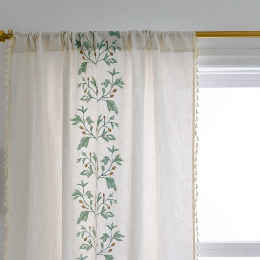 Window Curtain Boho Floral Tassel Cotton Linen Blend
