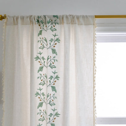 Window Curtain Boho Floral Tassel Cotton Linen Blend