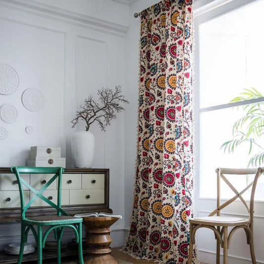 Window Curtain Boho Multicolor Floral Tassel Trim Light-Filtering Microfiber