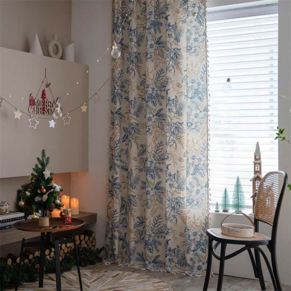 Window Curtain Panel Blue Botanical Cotton-Linen Semi-Blackout