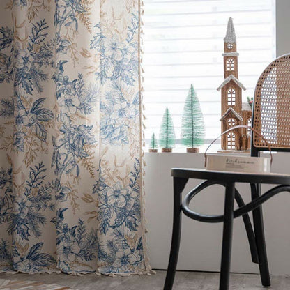 Window Curtain Panel Blue Botanical Cotton-Linen Semi-Blackout