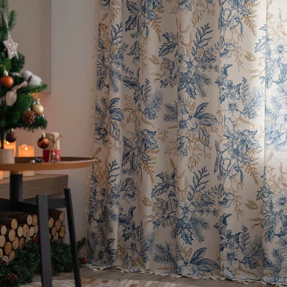 Window Curtain Panel Blue Botanical Cotton-Linen Semi-Blackout