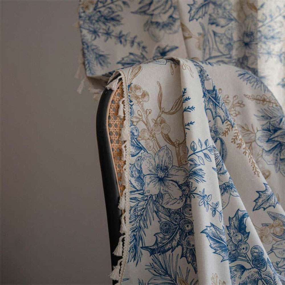 Window Curtain Panel Blue Botanical Cotton-Linen Semi-Blackout