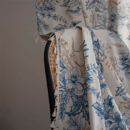 Window Curtain Panel Blue Botanical Cotton-Linen Semi-Blackout