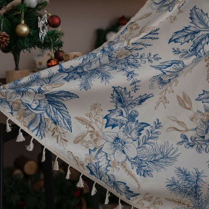 Window Curtain Panel Blue Botanical Cotton-Linen Semi-Blackout