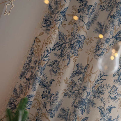 Window Curtain Panel Blue Botanical Cotton-Linen Semi-Blackout