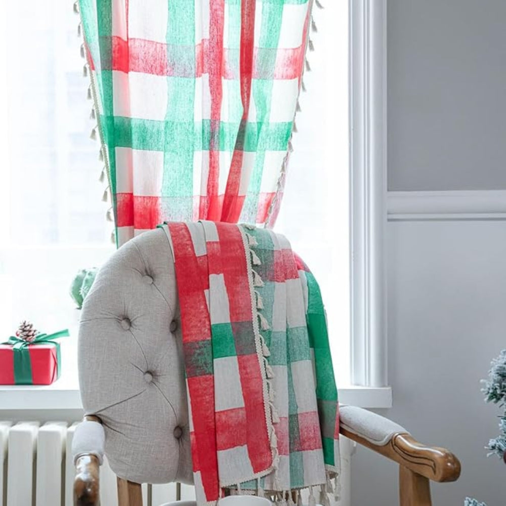 Window Curtain Plaid Light-Filtering Machine Washable