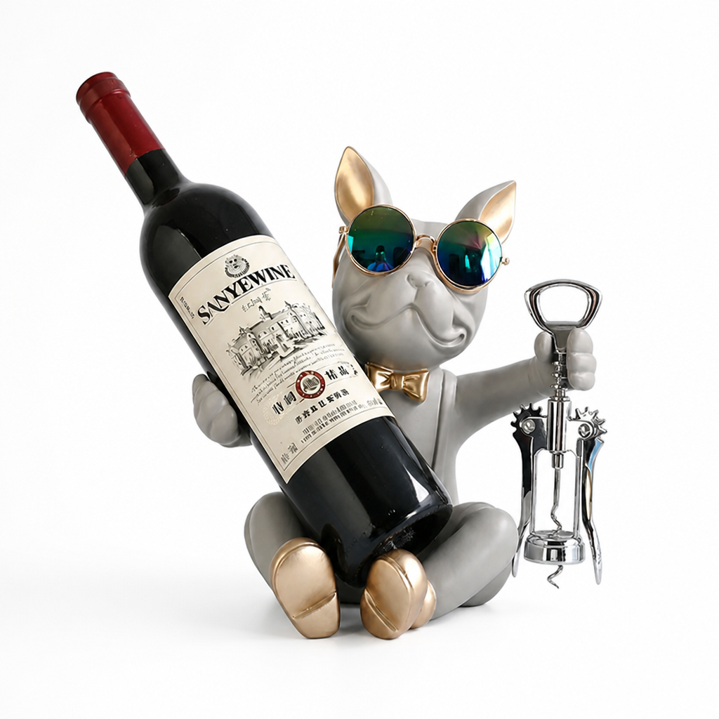 Wine Bottle Holder Bulldog Figurine Gold Accents & Corkscrew