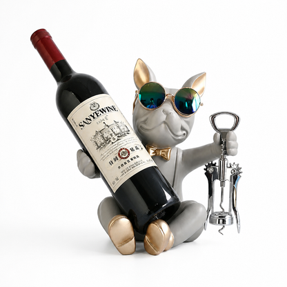 Wine Bottle Holder Bulldog Figurine Gold Accents & Corkscrew