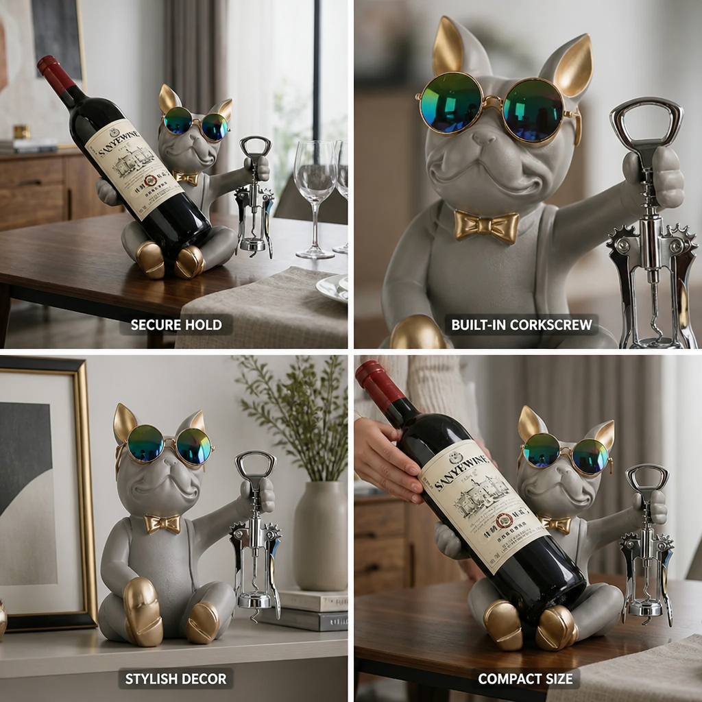 Wine Bottle Holder Bulldog Figurine Gold Accents & Corkscrew