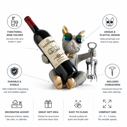 Wine Bottle Holder Bulldog Figurine Gold Accents & Corkscrew