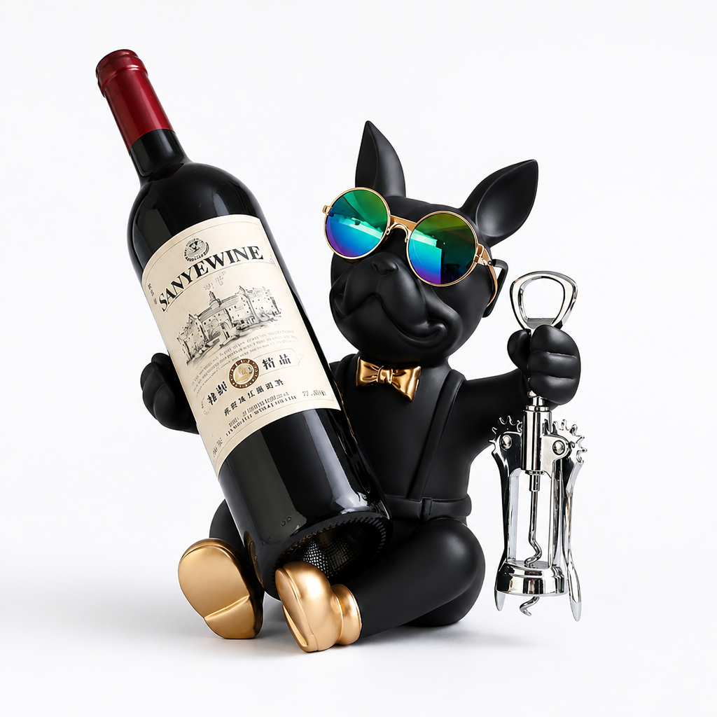 Wine Bottle Holder Bulldog Figurine Gold Accents & Corkscrew