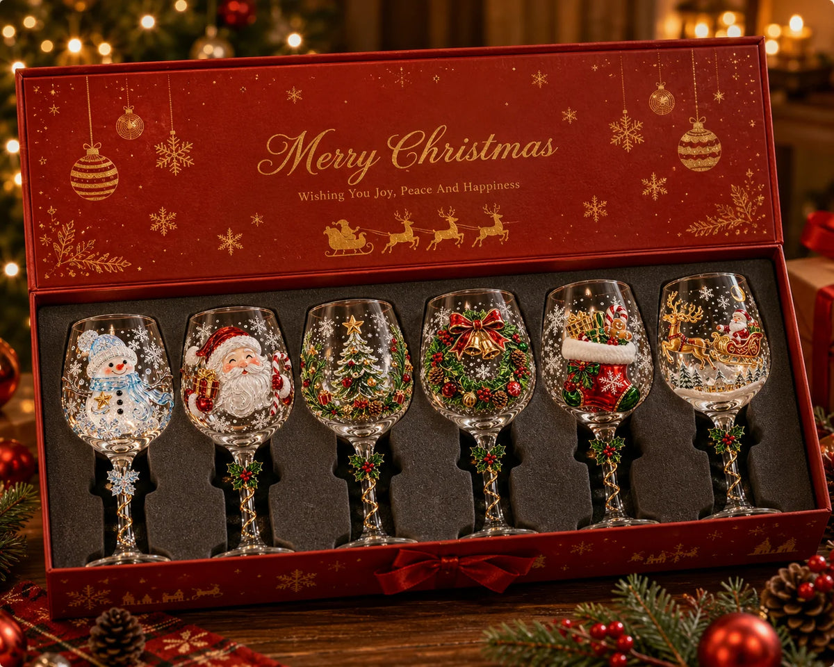 Wine Glasses Raised 3D Holiday Designs Set of 6