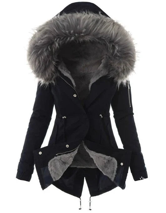 Winter Parka Full Faux Fur Lining Adjustable Waist Wind-Resistant Shell