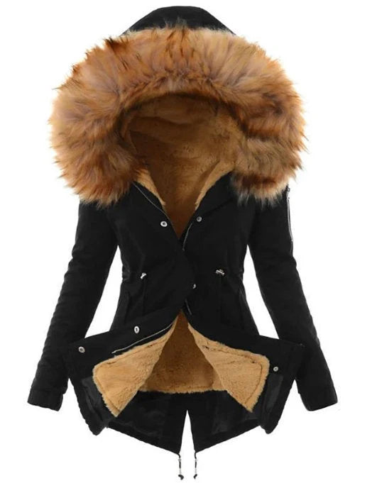Winter Parka Full Faux Fur Lining Adjustable Waist Wind-Resistant Shell