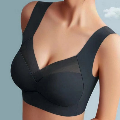 Wireless Bra Seamless Wide Straps Mesh Neckline