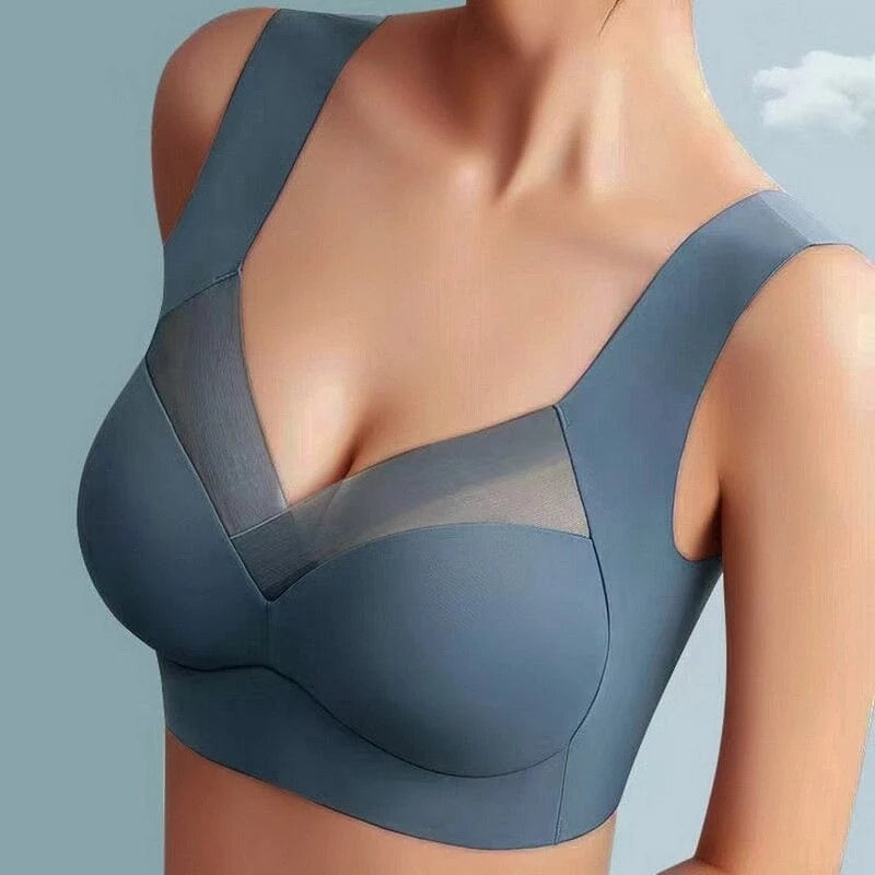 Wireless Bra Seamless Wide Straps Mesh Neckline