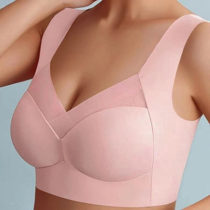 Wireless Bra Seamless Wide Straps Mesh Neckline