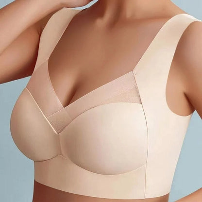 Wireless Bra Seamless Wide Straps Mesh Neckline