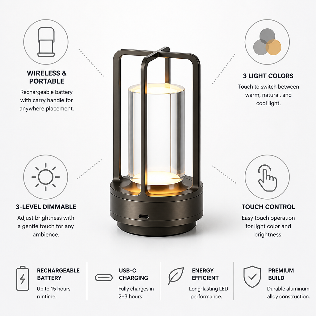 Wireless Rechargeable Touch Dimmable Tri-Color Table Lamp (USB-C)
