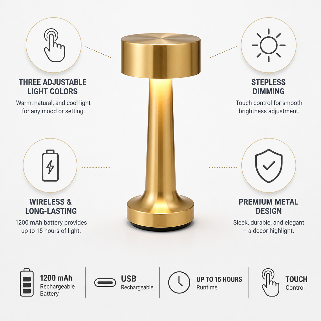 Wireless Touch-Dimming & 3-Color LED Table Lamp (USB Rechargeable)