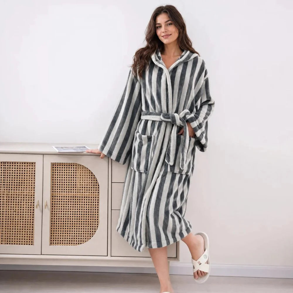 Women's Bathrobe Plush Fleece & Sherpa Trim Belted Waist